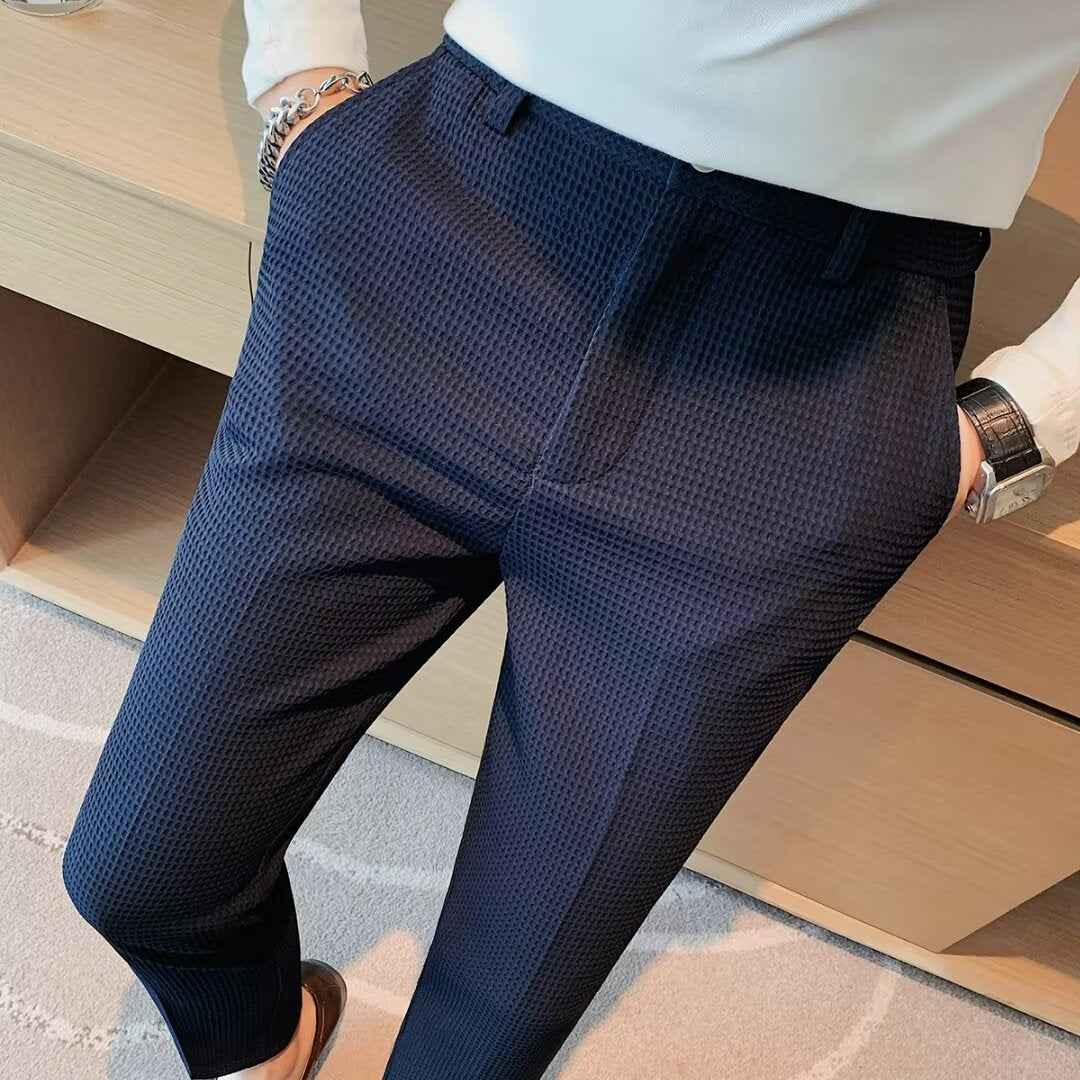 Men's Slim Fit Cropped Trousers – Textured Fabric – Modern Smart Casual Blue