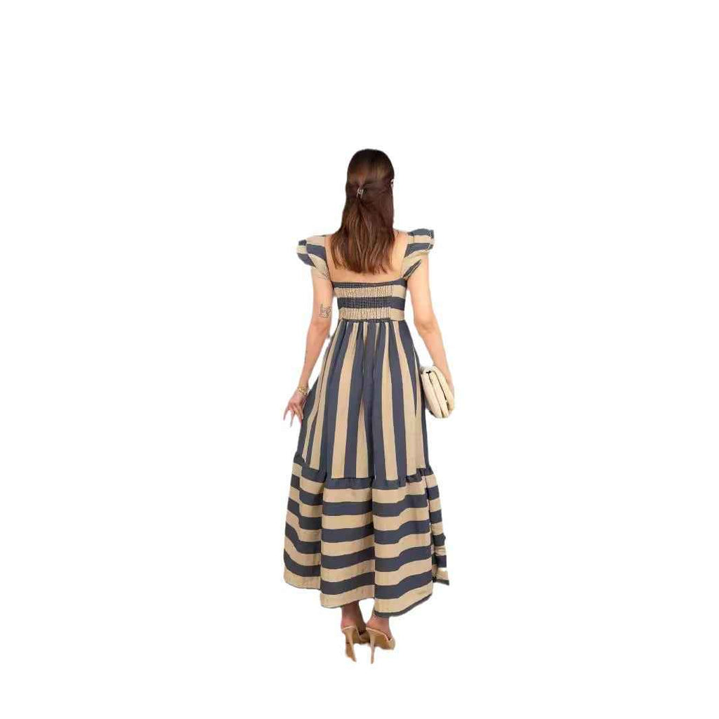 Women's Striped A-Line Midi Dress – Relaxed Fit – Cotton Blend – Ruffle Straps