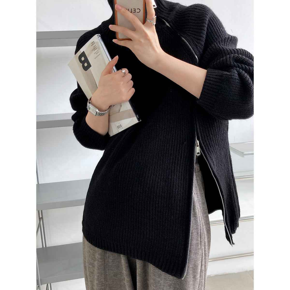 Womens Oversized Knitted Sweater – Wool Blend – High Collar with Side Zipper Black One Size