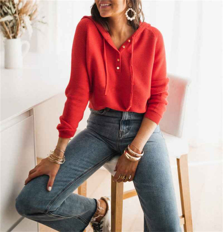 Women's Relaxed Fit Hoodie – Knitted Texture, Raglan Sleeves, Button Detail, Drawstring Hood Red