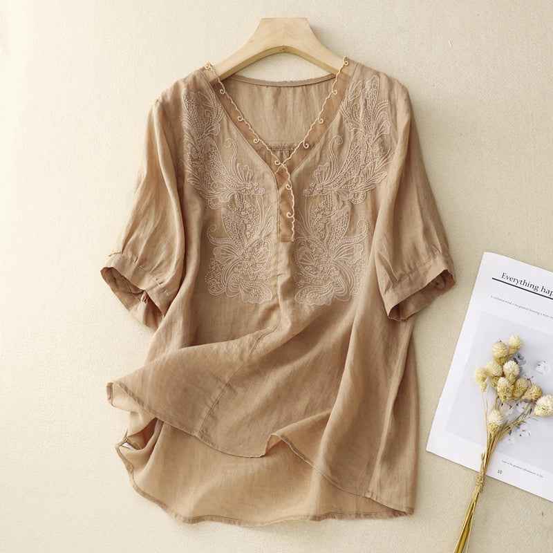 Women's Loose Fit V-Neck Blouse – Short Sleeves – Embroidered – Breathable Fabric Khaki