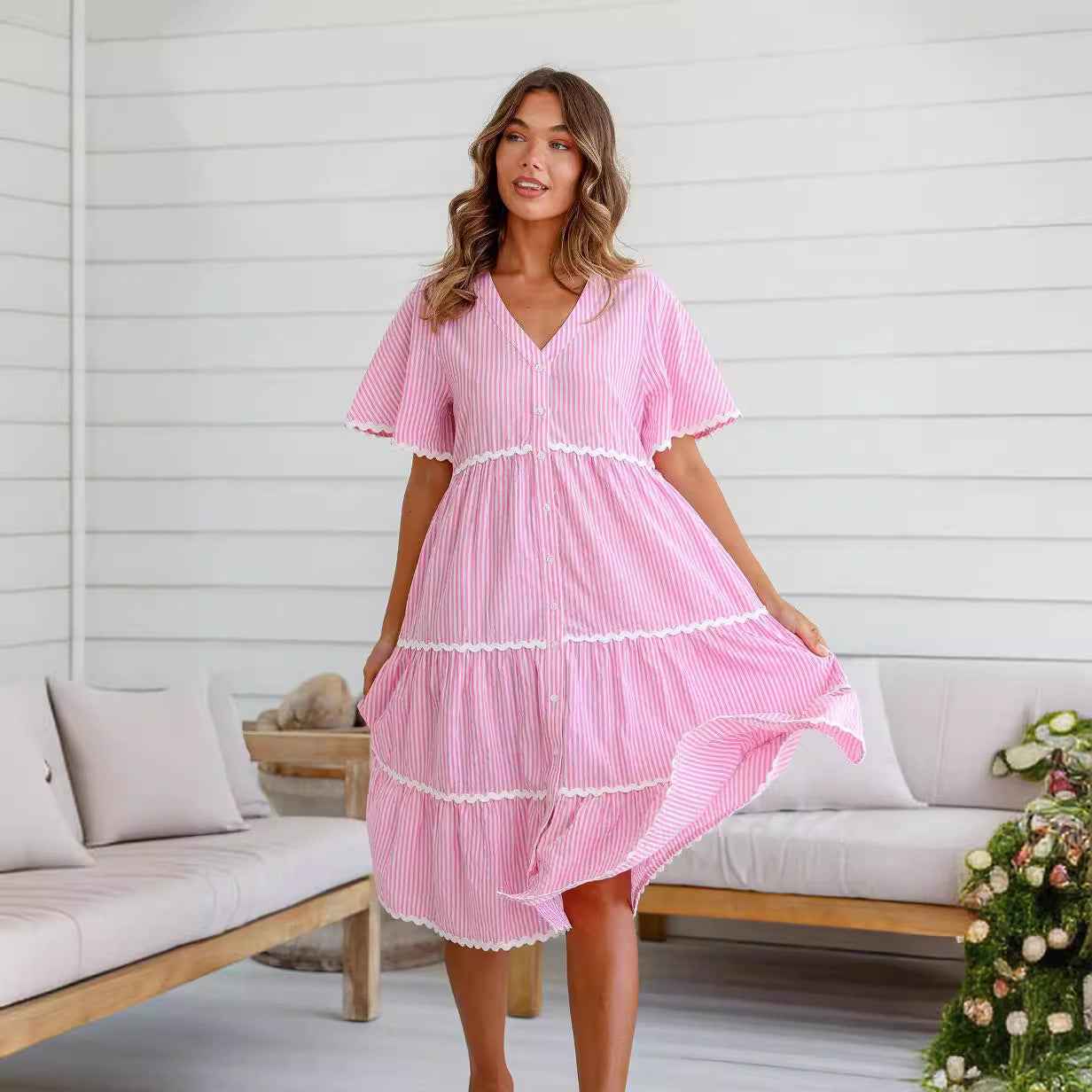 Women's V-Neck Loose Fit Cotton Dress with Button Closure and Lace Details