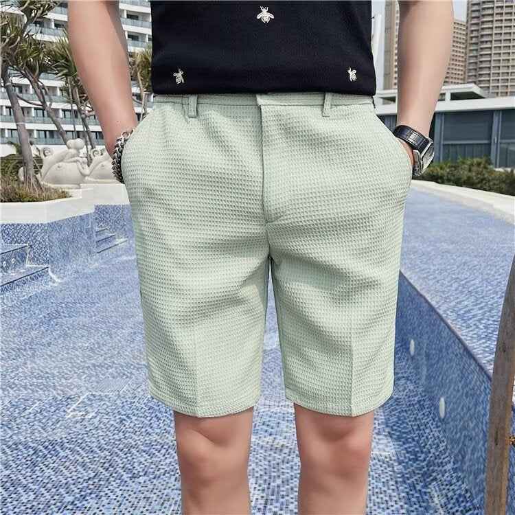 Men's Slim Fit Textured Woven Shorts with Button Closure and Pockets - Knee Length Light Green