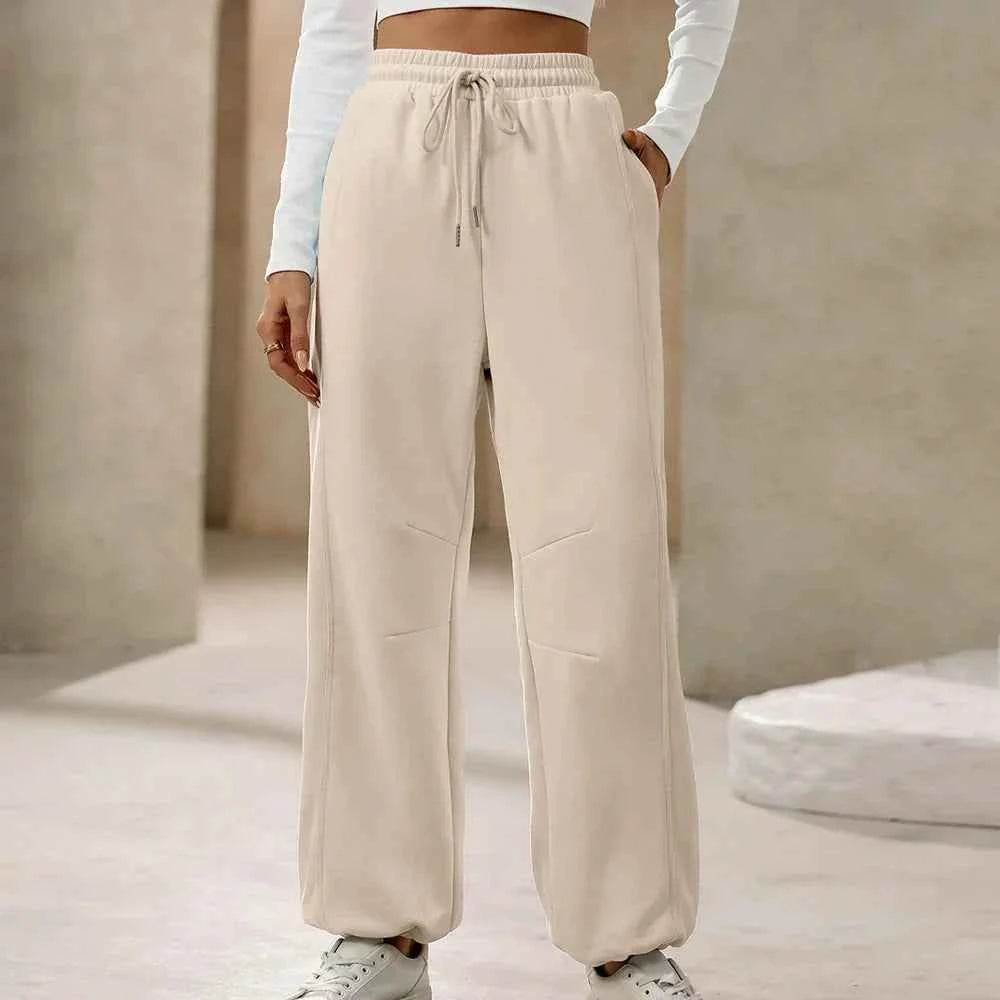 Women's High Waist Relaxed Fit Pants with Drawstring – Soft Cotton-Look – Full Length Apricot