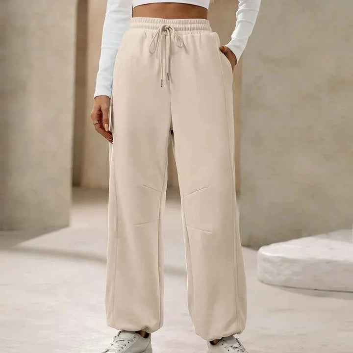 Women's High Waist Relaxed Fit Pants with Drawstring – Soft Cotton-Look – Full Length Apricot