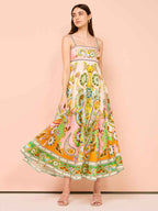 Women's A-Line Midi Dress with Smocked Bodice and Spaghetti Straps – Lightweight Cotton Ethnic Patterns