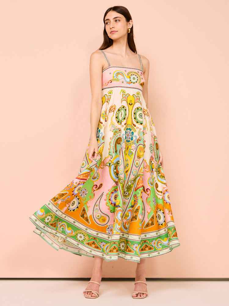 Women's A-Line Midi Dress with Smocked Bodice and Spaghetti Straps – Lightweight Cotton Ethnic Patterns