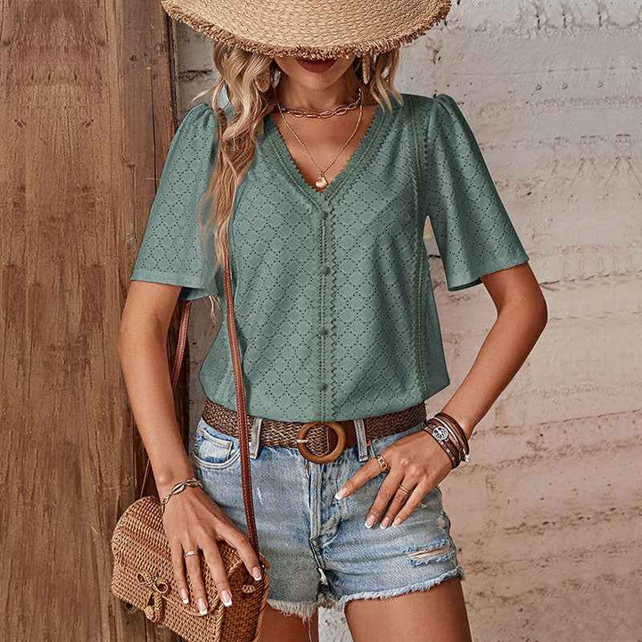Women's Relaxed Fit V-Neck Cotton Blouse with Lace and Embroidery – Short Sleeve Green