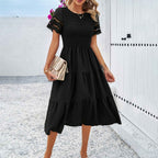 Women's Breathable Midi Dress with Smocked Bodice, Layered Skirt, and Ruffled Sleeves Black
