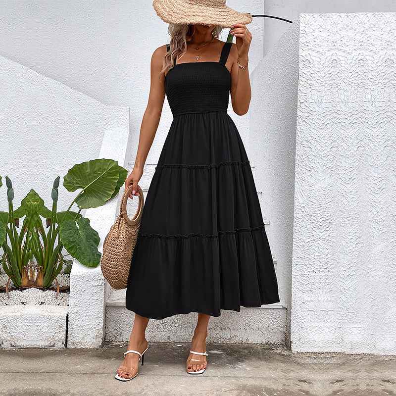 Women's Sleeveless Smocktop Dress with Layered Midi Skirt - Lightweight Cotton Black