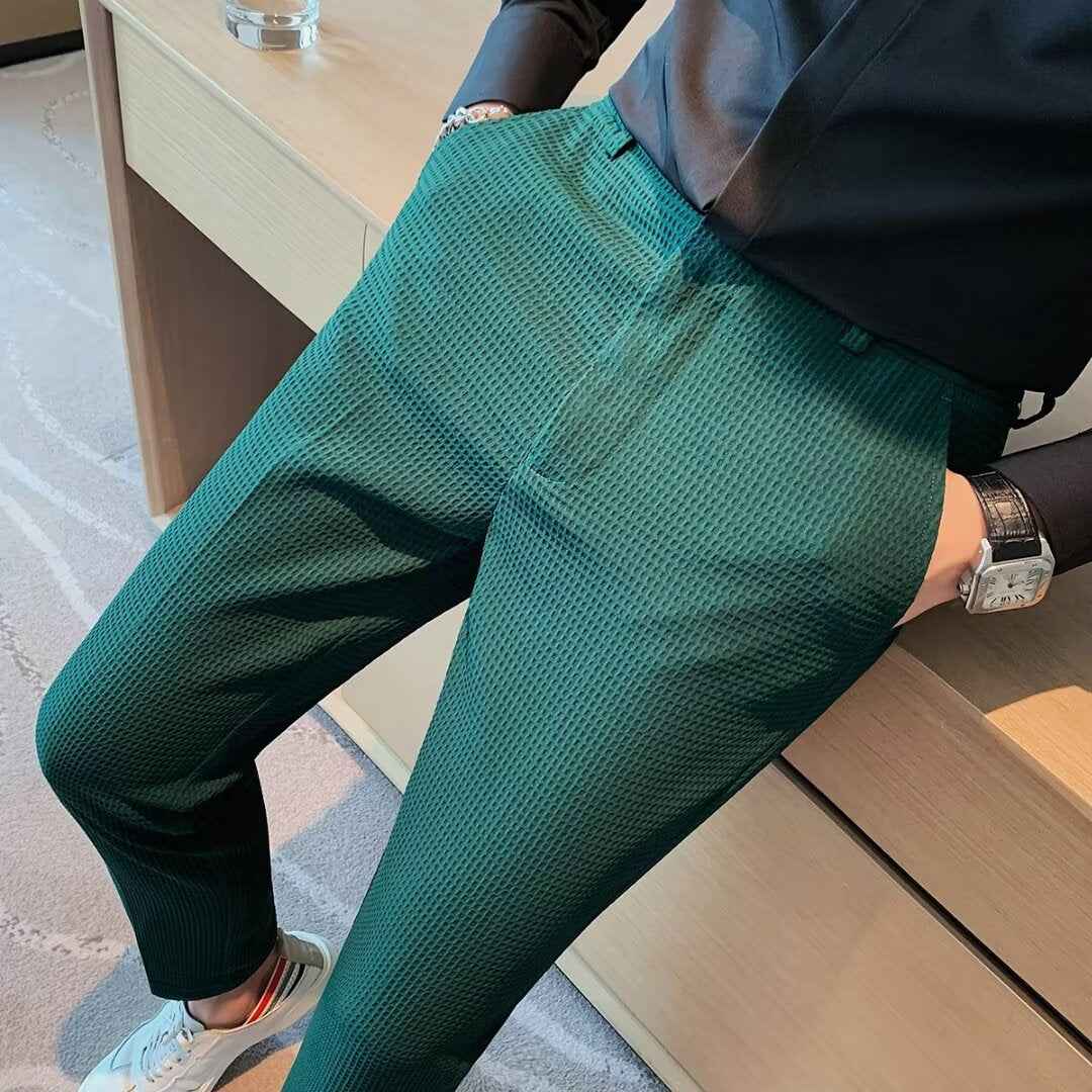 Men's Slim Fit Cropped Trousers – Textured Fabric – Modern Smart Casual Green