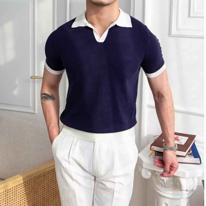 Men's Regular Fit Polo Shirt – Soft Knit – Short Sleeves with Ribbed Cuffs Navy Blue