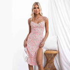 Women's Floral Midi Dress – Slim Fit, V-Neck, Spaghetti Straps, Side Slit