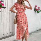 Women's Midi Wrap Dress – Cotton Blend – V-Neck – Ruffle Sleeves – Printed Design Red