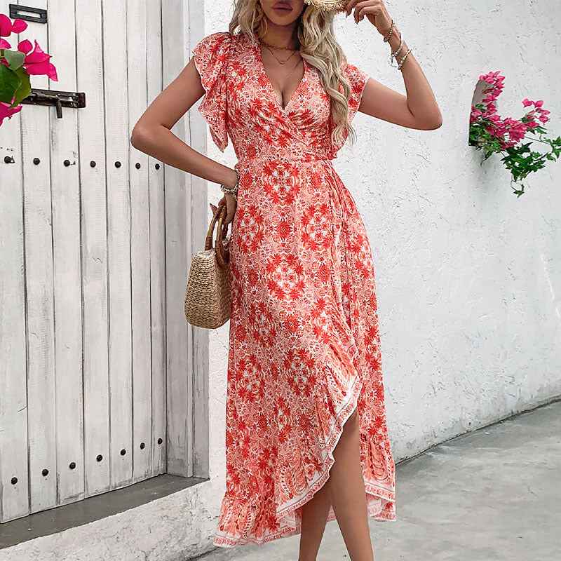 Women's Midi Wrap Dress – Cotton Blend – V-Neck – Ruffle Sleeves – Printed Design Red