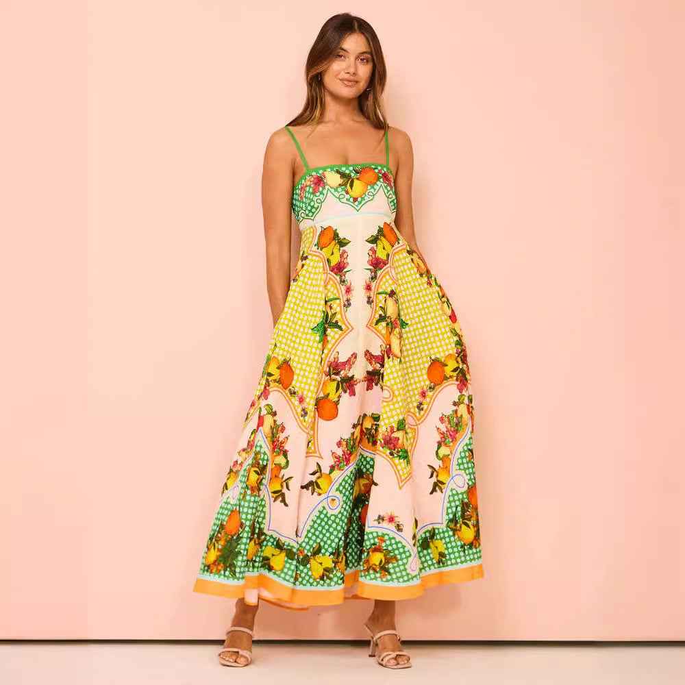 Women's A-Line Midi Dress with Smocked Bodice and Spaghetti Straps – Lightweight Cotton Fruit Patterns
