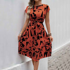 Women's Pleated Fit and Flare Midi Dress – Geometric Print – Short Sleeve with Belt Orange Black