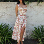 Women's A-Line Midi Dress – Sleeveless Floral Print with Bow Detail