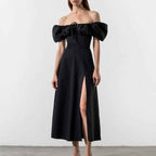 Women's A-Line Off-Shoulder Midi Dress with Puff Sleeves and Bow Detail Black