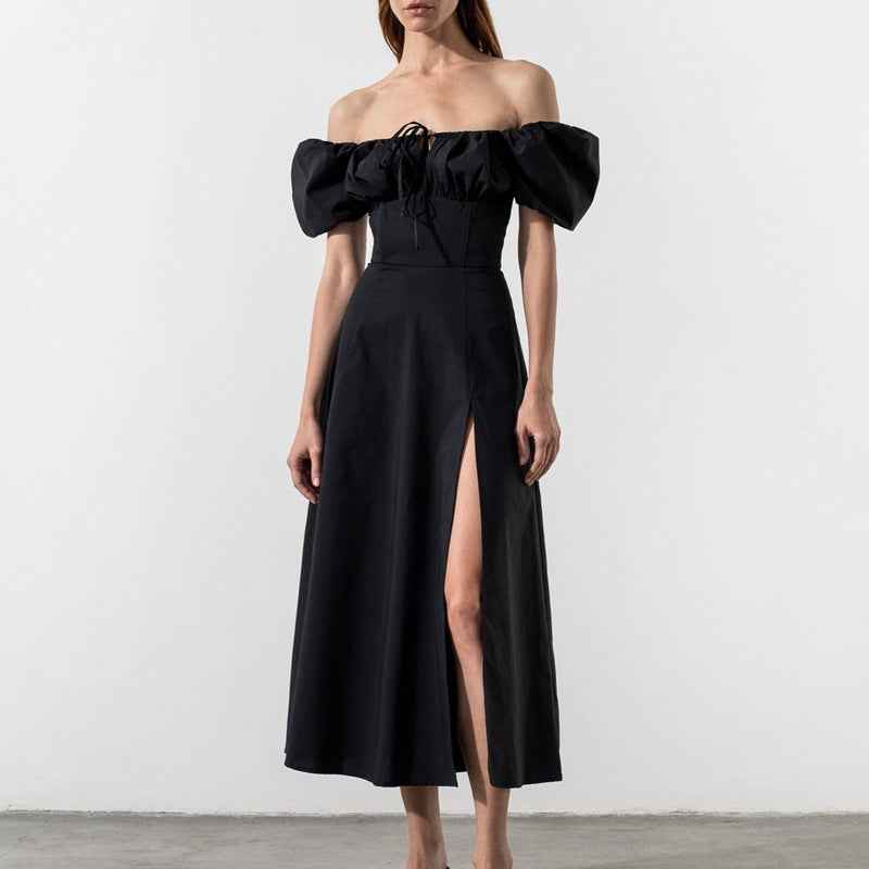 Women's A-Line Off-Shoulder Midi Dress with Puff Sleeves and Bow Detail Black