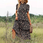 Women's Floral Midi Dress – Flowy Fit, Puff Sleeves, Layered Design