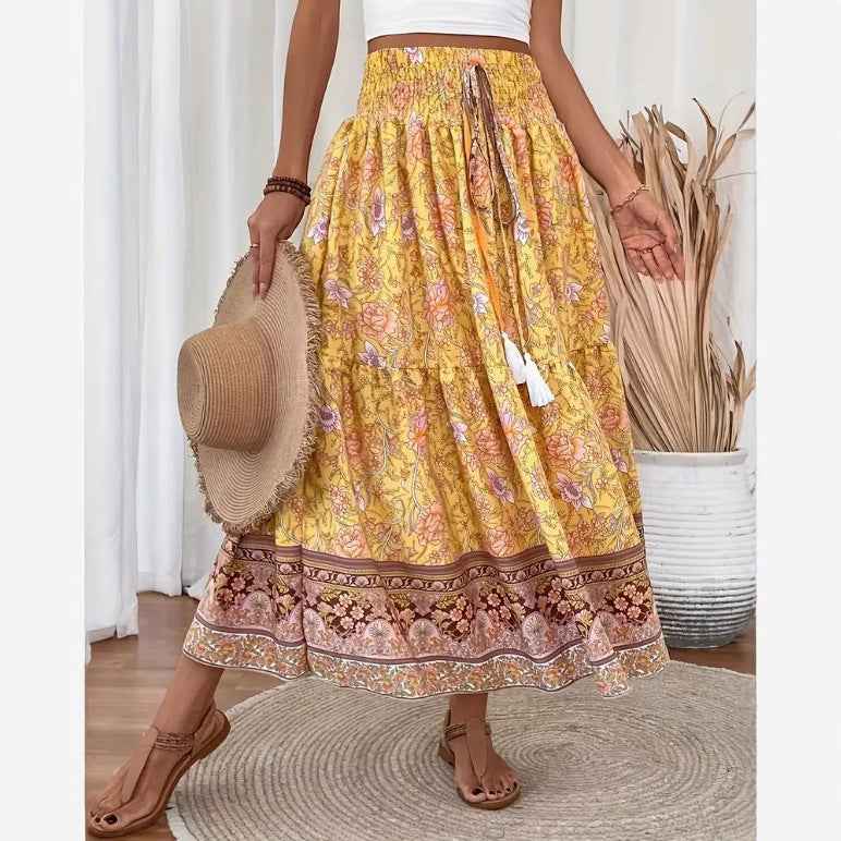 Women's Bohemian Maxi Skirt – Layered Design – Elastic Waist – Breathable Comfort Yellow