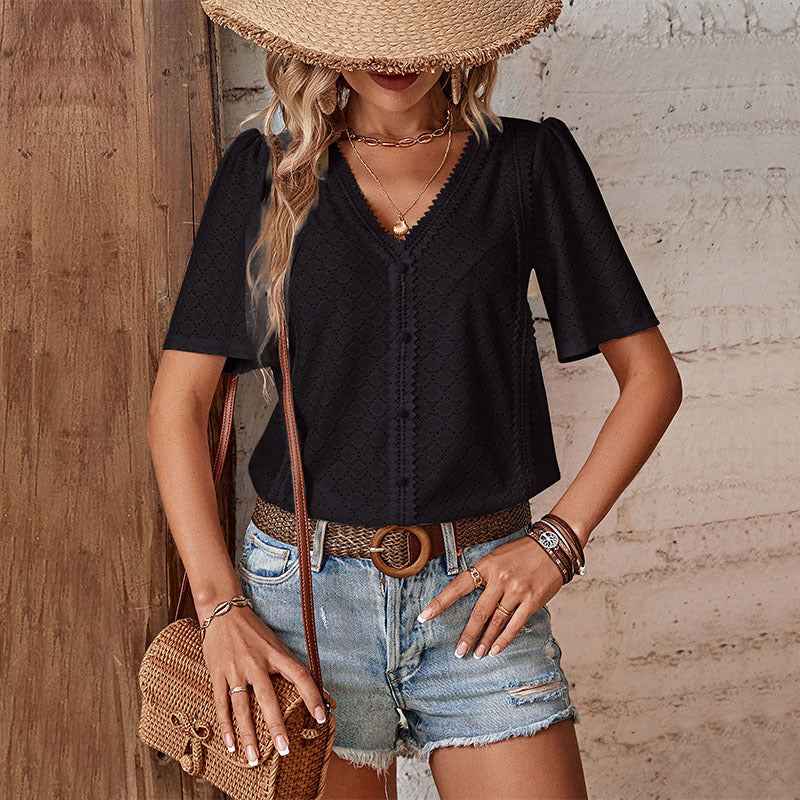 Women's Relaxed Fit V-Neck Cotton Blouse with Lace and Embroidery – Short Sleeve Black