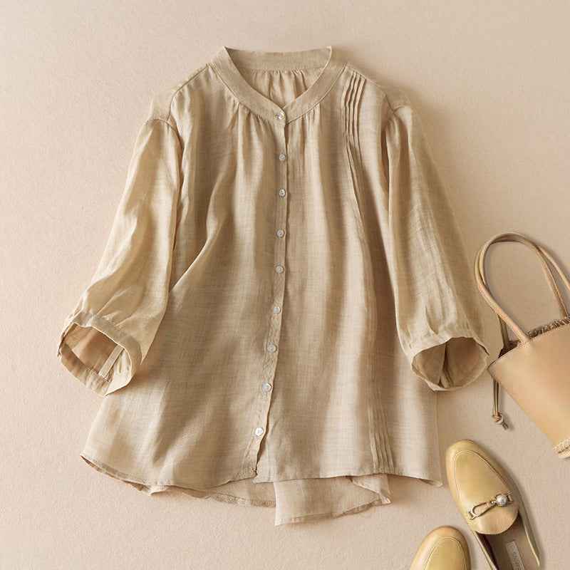 Women's Relaxed Fit Blouse with Half-Length Sleeves and Stand Collar – Pleated Detail – Made from Natural Fibers Beige