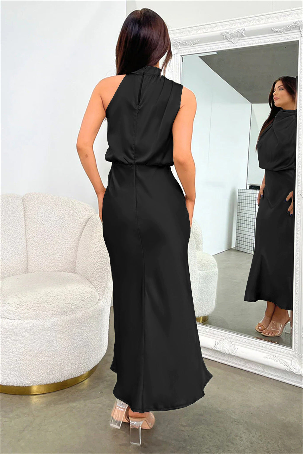 Women's Long Satin Halterneck Dress