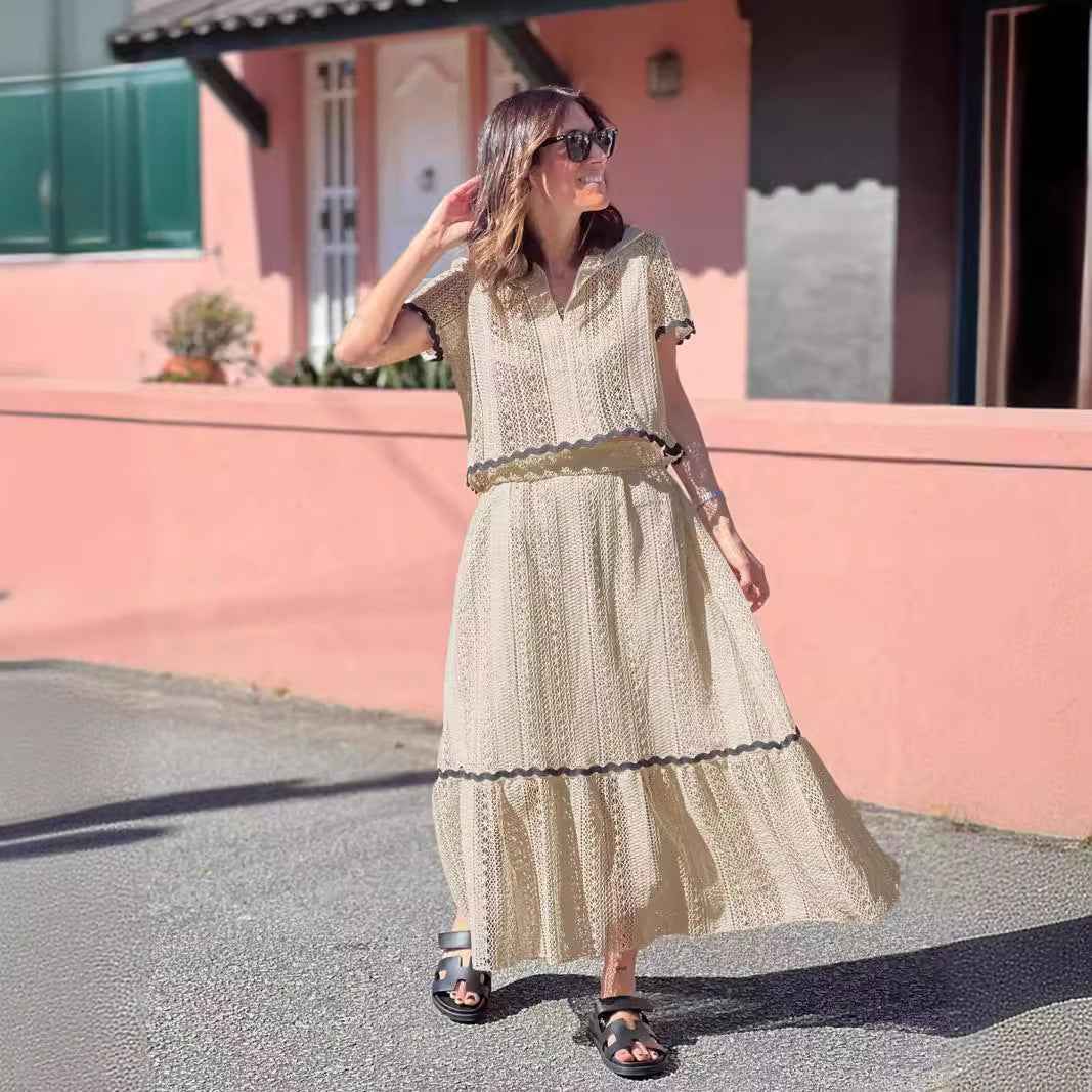 Women's A-Line Midi Skirt Set – Cotton Blend – Short Sleeve with Lace Trim Apricot