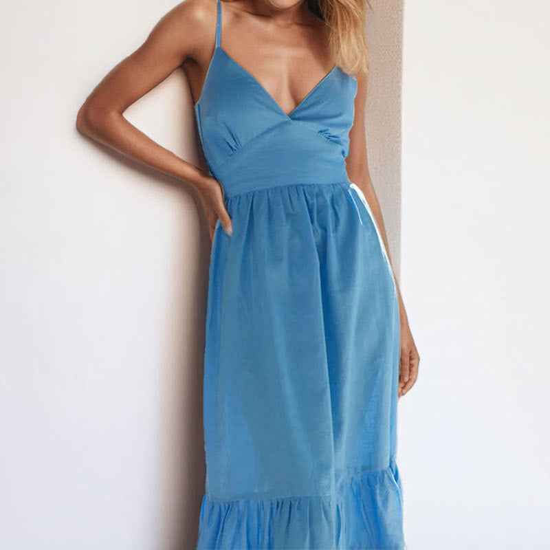 Women's V-Neck Midi Dress – Linen Cotton Blend – Spaghetti Straps – Layered Hem