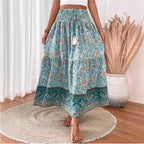 Women's Bohemian Maxi Skirt – Layered Design – Elastic Waist – Breathable Comfort Green