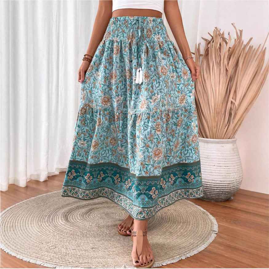 Women's Bohemian Maxi Skirt – Layered Design – Elastic Waist – Breathable Comfort Green