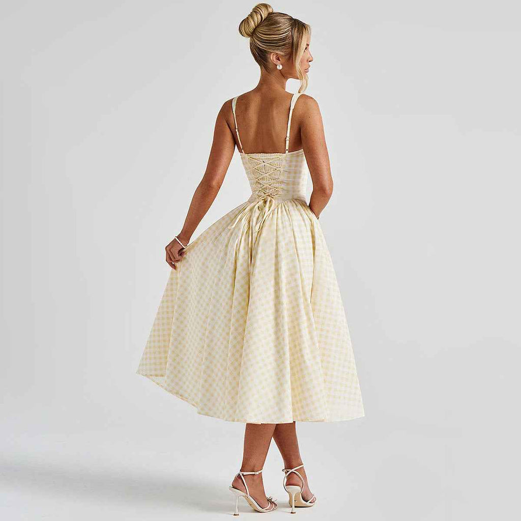 Women's Midi Dress with Square Neckline and Spaghetti Straps – Diamond Pattern