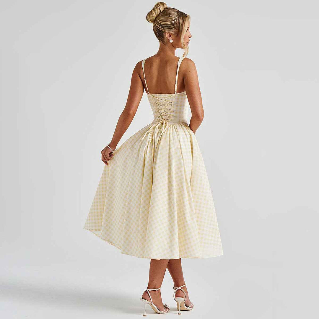 Women's Midi Dress with Square Neckline and Spaghetti Straps – Diamond Pattern