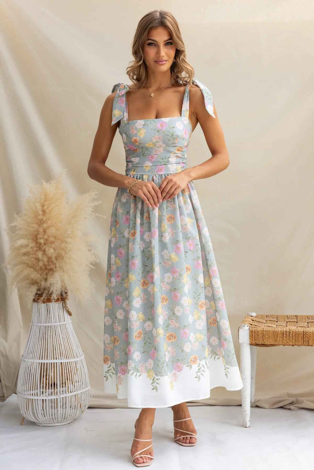 Women's Floral Midi Dress – Fit and Flare Design – Spaghetti Straps with Bow – Lightweight Fabric