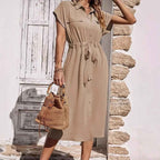 Women's Midi Shirt Dress – Casual Fit – Breathable Fabric – Button Closure – Tie Belt