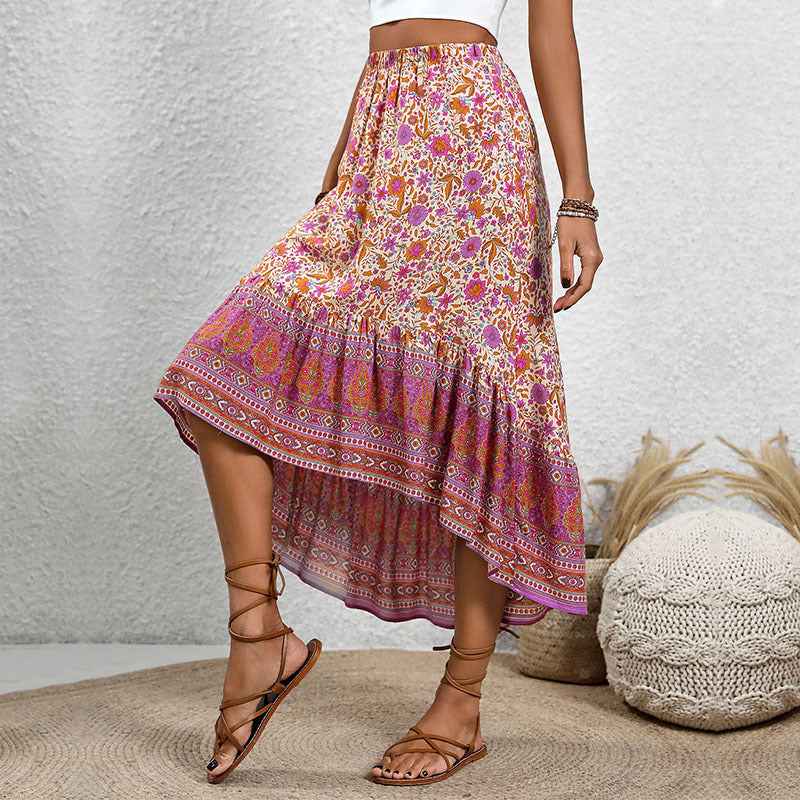 Women's Bohemian Midi Skirt – Floral Paisley Print – Cotton with Elastic Waist