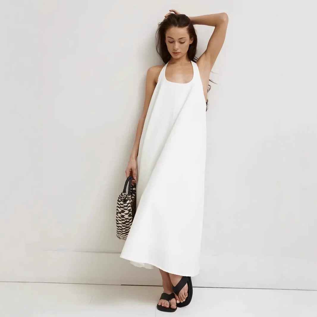 Women's A-Line Midi Dress – Halter Neck – Sleeveless – Lightweight Luxury Fabric