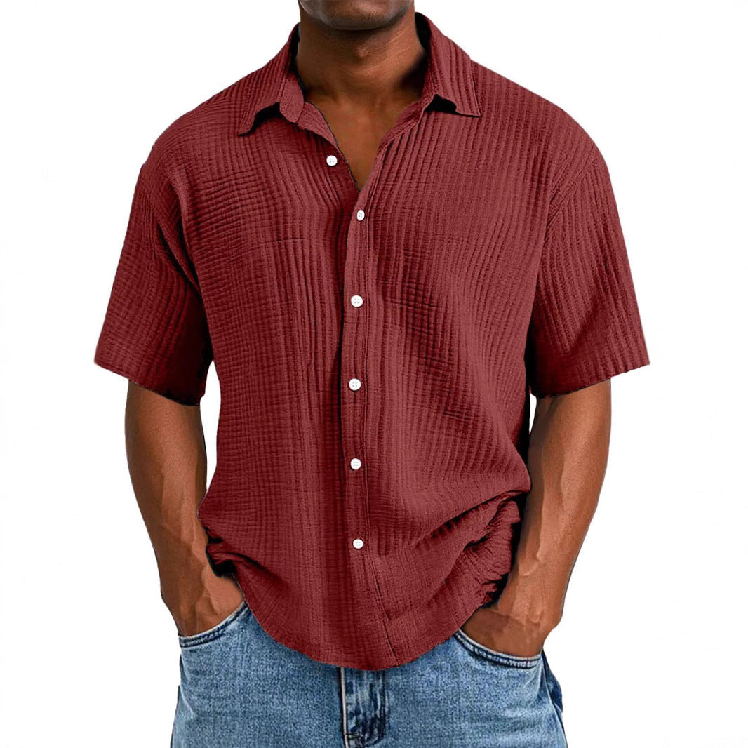 Men's Casual Short Sleeve Shirt – Relaxed Fit – Breathable Textured Fabric Red