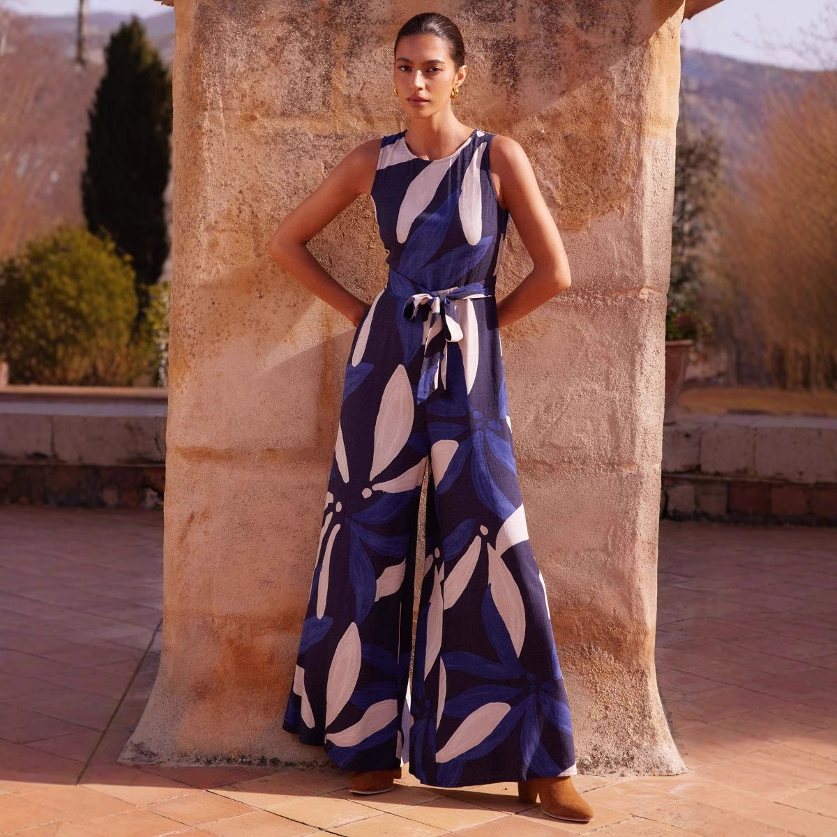 Women's Sleeveless Wide-Leg Jumpsuit - Breathable Fabric with Abstract Print & Waist Belt Blue White
