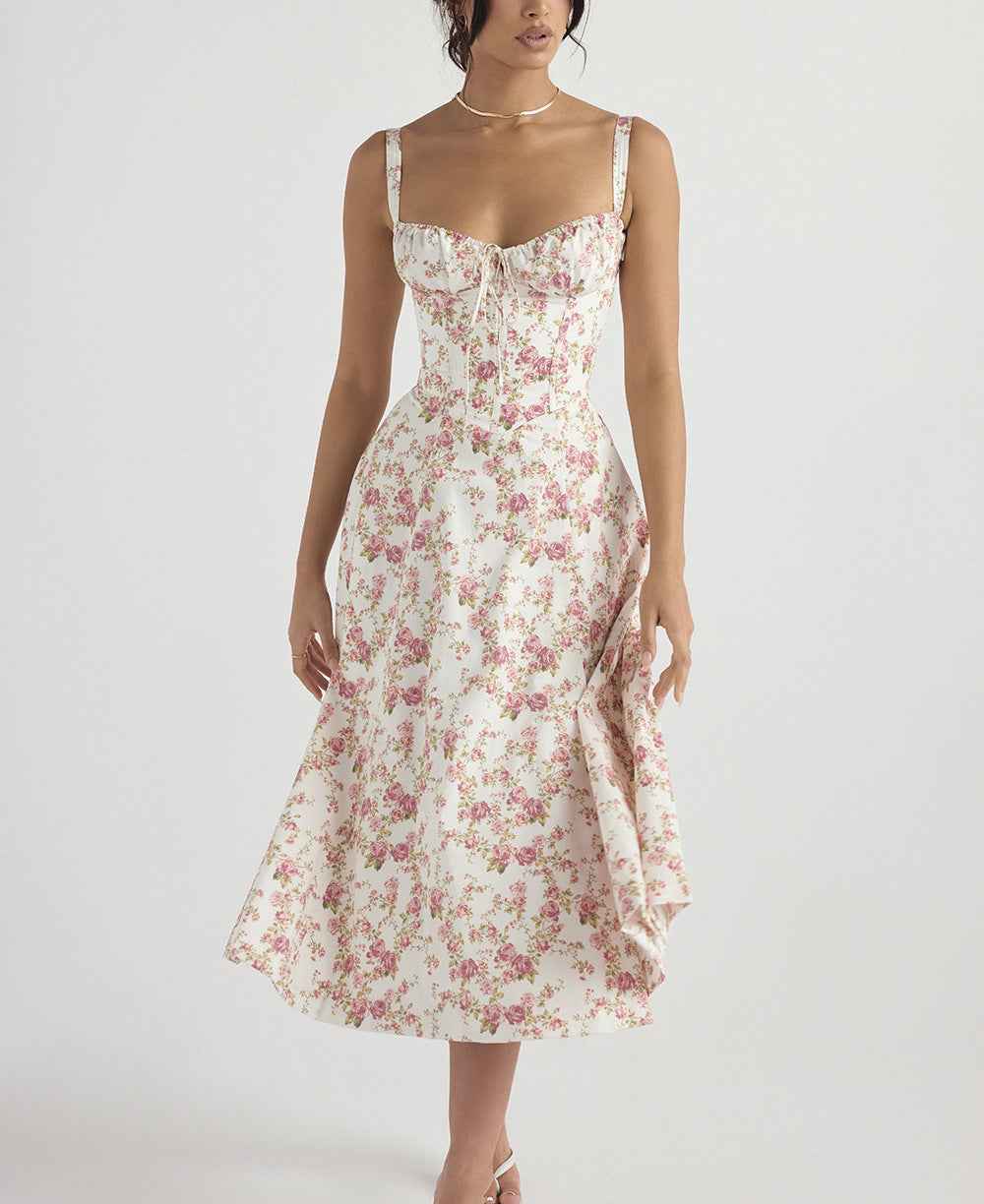 Women's A-Line Midi Dress – Sleeveless Floral Print with Bow Detail Pink Flowers