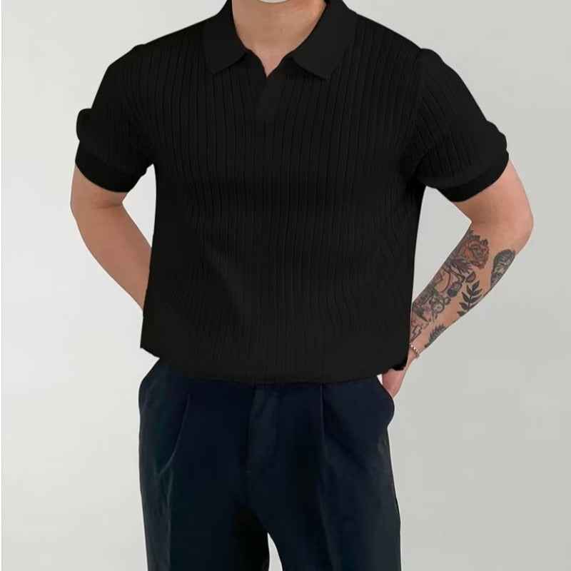 Men's Ribbed Polo Shirt – Standard Fit – Short Sleeve – Soft Stretch Knit Black