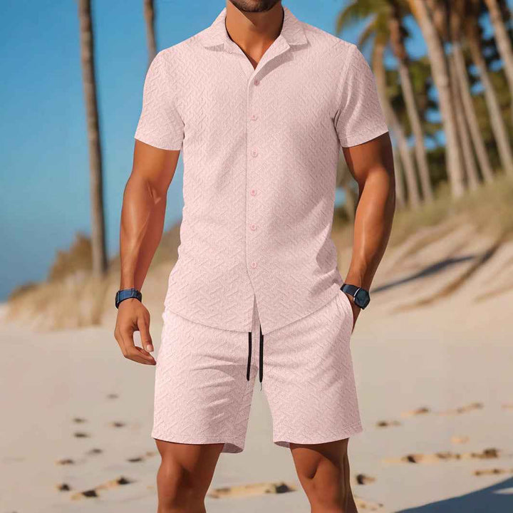 Men's Slim Fit Embossed Shirt and Shorts Set – Breathable Casual Comfort Pink