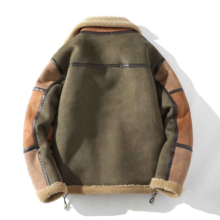 Men's Faux Suede Relaxed Fit Bomber Jacket with Shearling Trim and Color Block Design