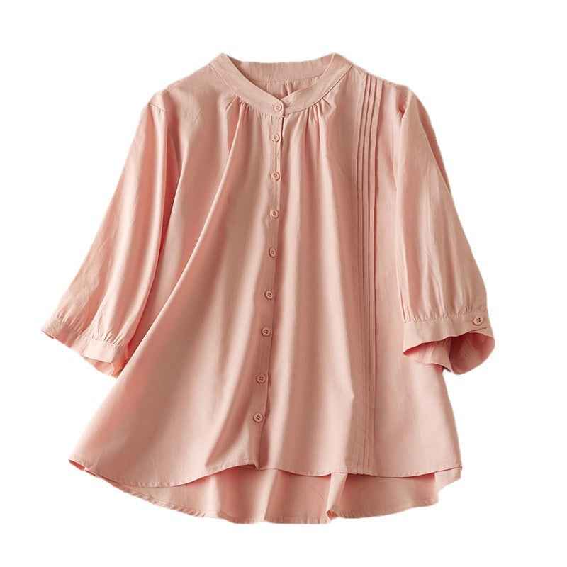 Women's Relaxed Fit Blouse with Half-Length Sleeves and Stand Collar – Pleated Detail – Made from Natural Fibers Pink