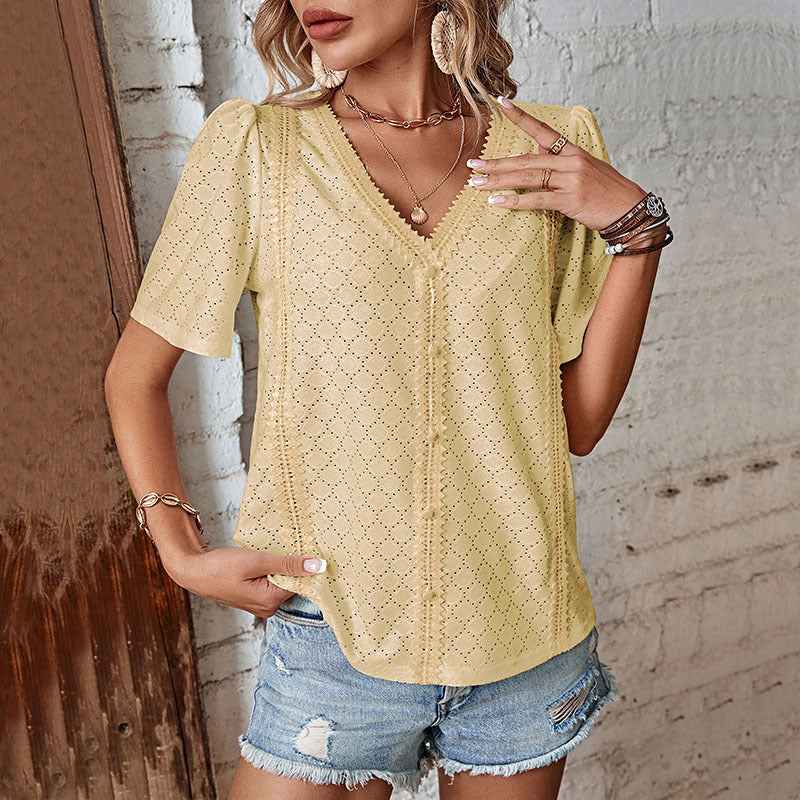 Women's Relaxed Fit V-Neck Cotton Blouse with Lace and Embroidery – Short Sleeve Yellow