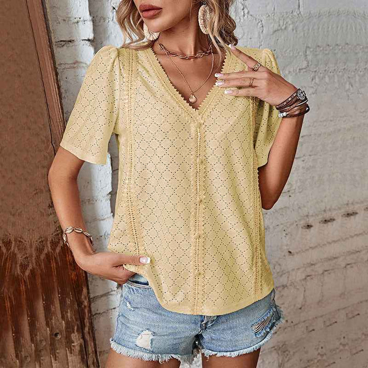 Women's Relaxed Fit V-Neck Cotton Blouse with Lace and Embroidery – Short Sleeve Yellow