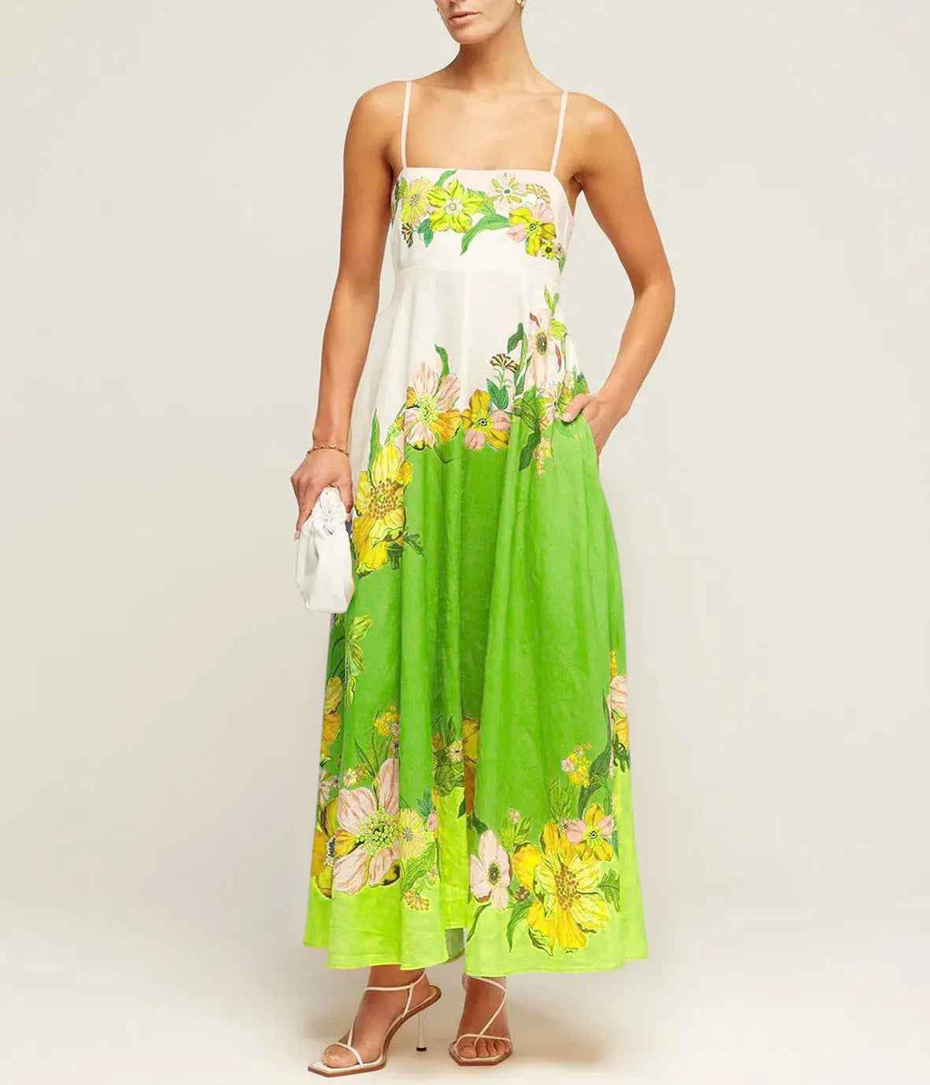 Women's A-Line Midi Dress with Smocked Bodice and Spaghetti Straps – Lightweight Cotton Green Flowers
