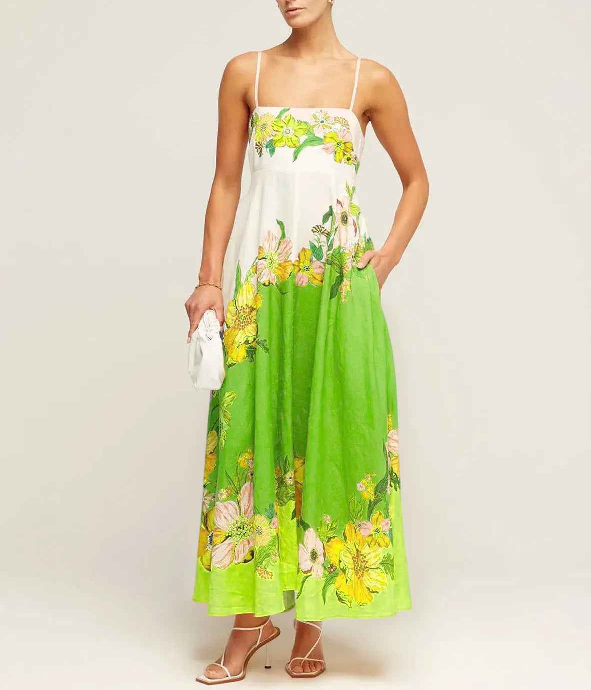 Women's A-Line Midi Dress with Smocked Bodice and Spaghetti Straps – Lightweight Cotton Green Flowers